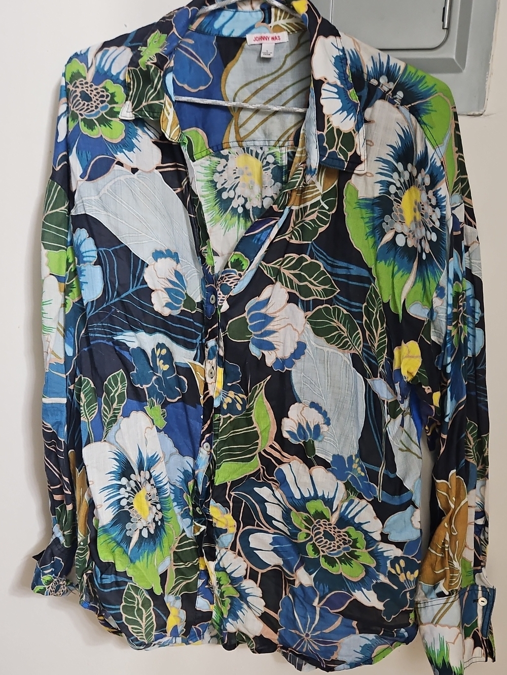 Johnny Was Navy Floral Button-Down Shirt with Blue & Green Accents